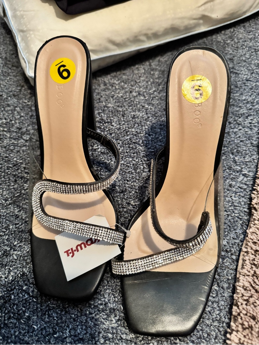 Black Rhinestone Strap Slide Sandals - 9